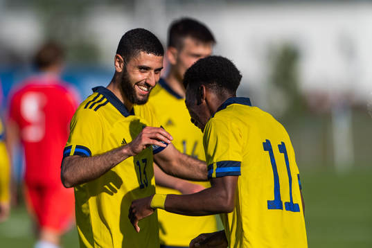 Aiham Ousou celebrates with Anthony Elanga of Sweden
