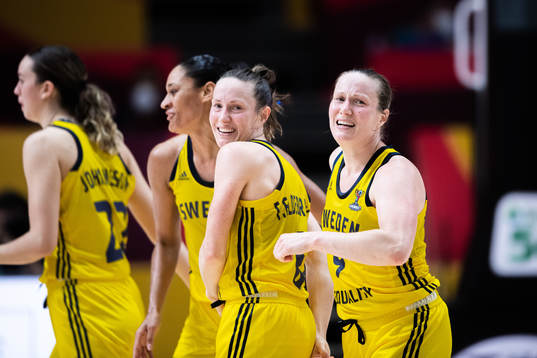 Frida Eldebrink and Elin Eldebrink of Sweden celebrate