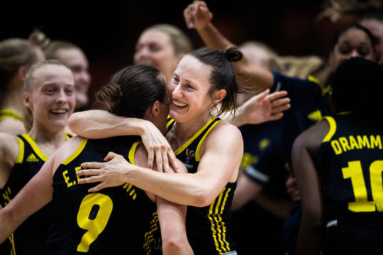 Elin Eldebrink  and Frida Eldebrink of Sweden  celebrates