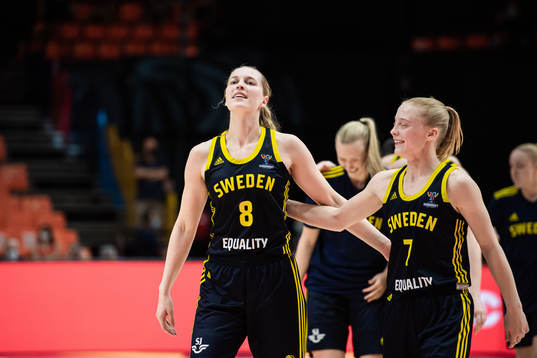 Ellen Nyström and Klara Lundquist of Sweden celebrate