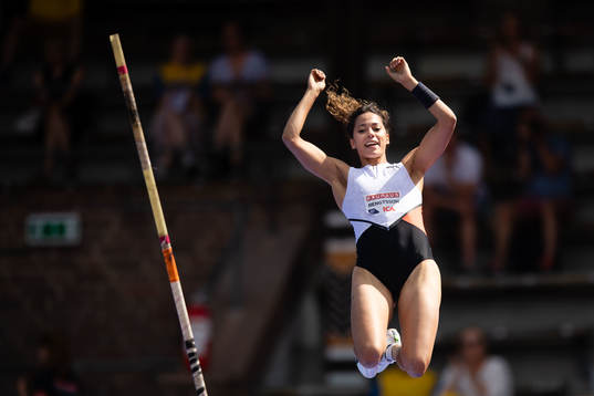 Angelica Bengtsson of Sweden celebrates while competing in