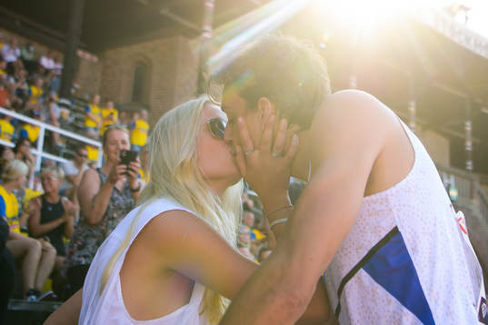 Armand Duplantis of Sweden gets a kiss from his girlfriend