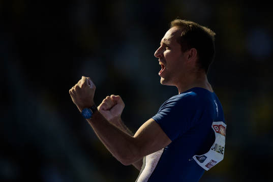 Renaud Lavillenie of France celebrate when he