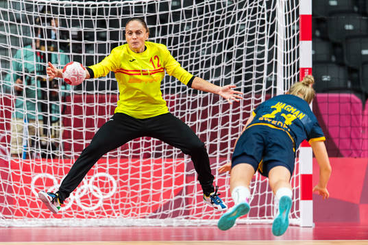 Goalkeeper Silva Navarro Gimenezof Spain saves a penalty