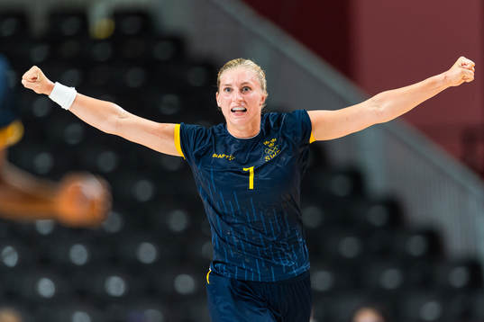 Linn Blohm of Sweden celebrates in the women's handball