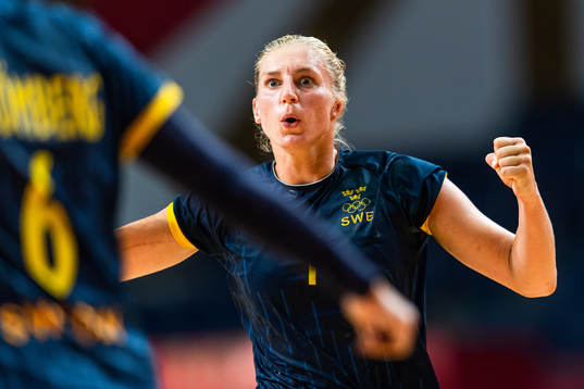 Linn Blohm of Sweden celebrates in the women's handball