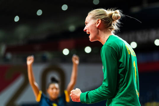 Goalkeeper Johanna Bundsen of Sweden celebrates in the