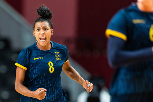 Jamina Roberts of Sweden celebrates in the women's handball