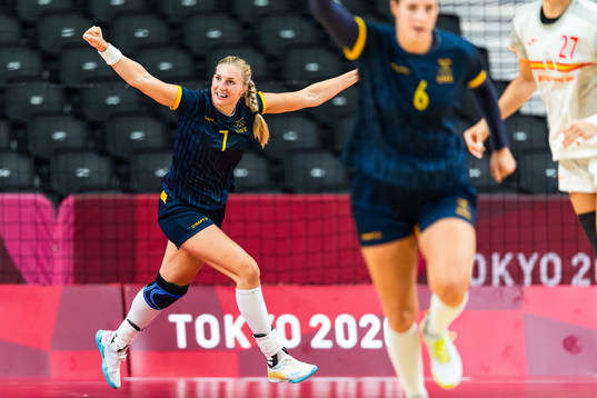 Linn Blohm of Sweden celebrates in the women's handball