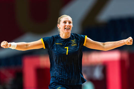 Linn Blohm of Sweden celebrates in the women's handball