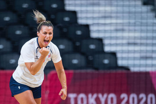 Nora Mørk of Norway celebrates while competing in the