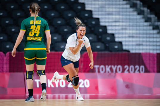 Nora Mørk of Norway celebrates while competing in the