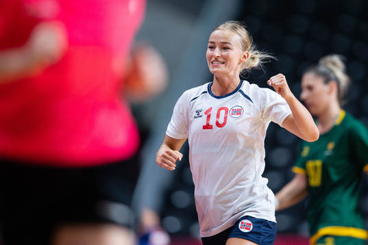 Stine Bredal Oftedal of Norway celebrates while competing