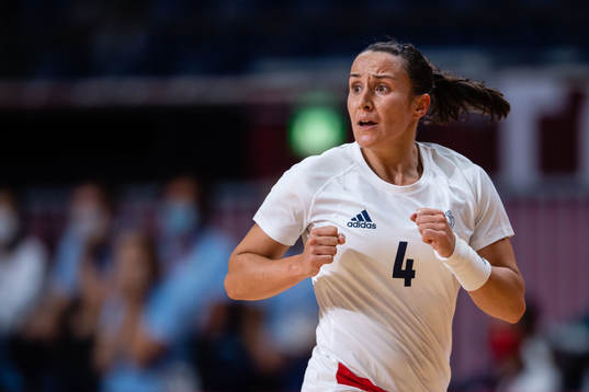 Pauline Coatanea of France celebrates while competing in