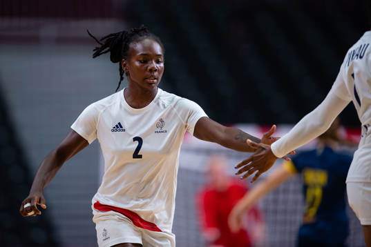 Meline Nocandy of France celebrates while competing  in the