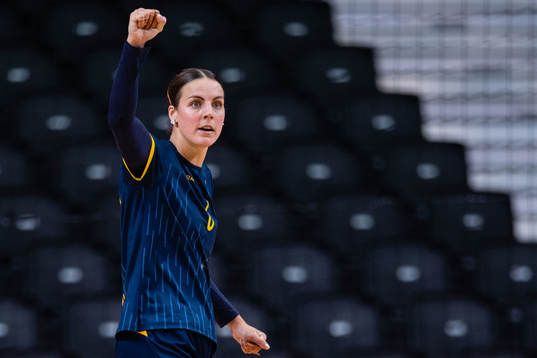 Carin Strömberg of Sweden celebrates while competing in
