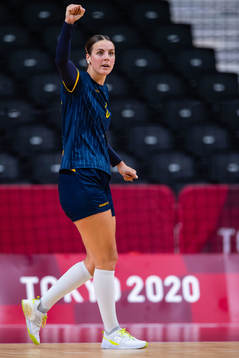 Carin Strömberg of Sweden celebrates while competing in