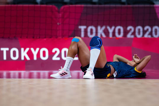 Jamina Roberts of Sweden in pain compete in the women's