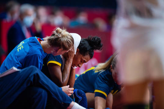 Jamina Roberts of Sweden in pain compete in the women's