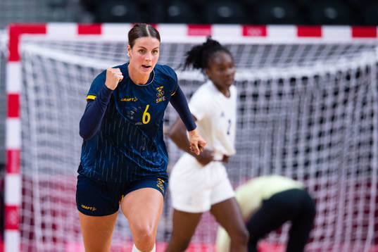 Carin Strömberg of Sweden celebrates while competing in