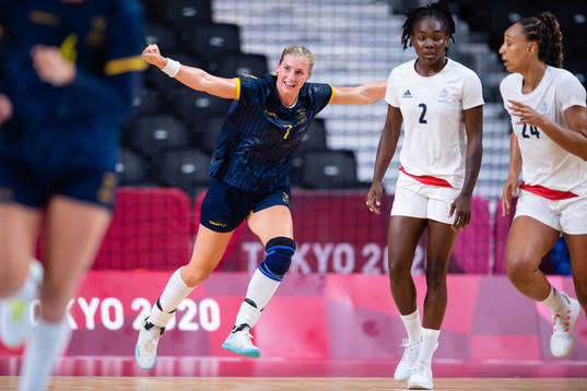Linn Blohm of Sweden celebrates while competing in the