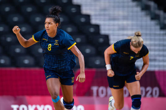 Jamina Roberts of Sweden celebrates while competing in the