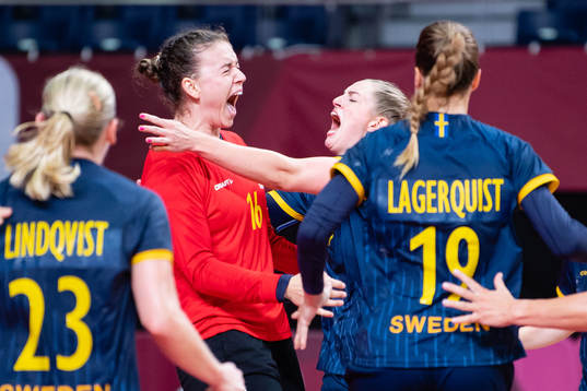 Goalkeeper Jessica Ryde of Sweden celebrates saving a
