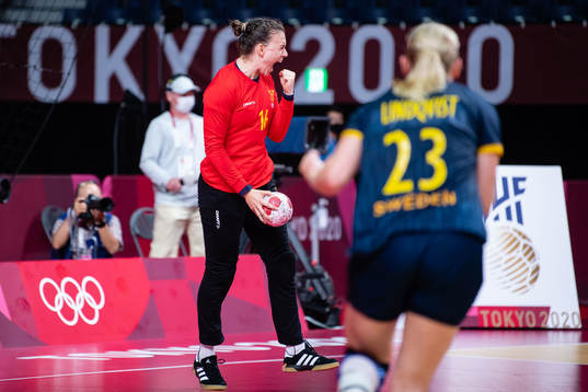 Goalkeeper Jessica Ryde of Sweden celebrates saving a