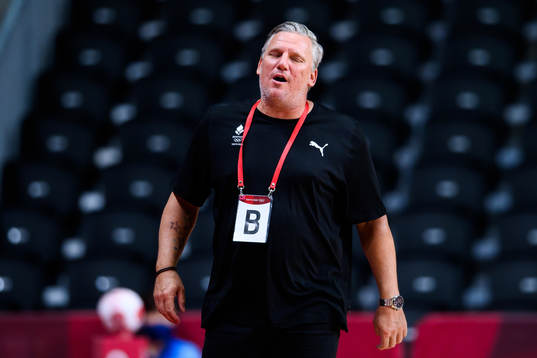 Nikolaj Jacobsen, head coach of Denmark looks dejected in