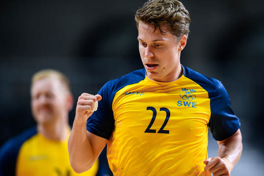 Lucas Pellas of Sweden celebrates in the men’s handball