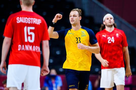 Lukas Sandell of Sweden celebrates in the men’s handball