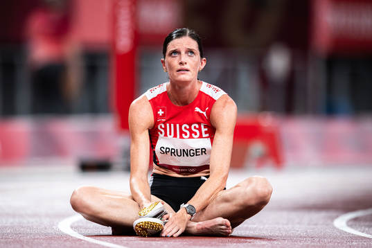Lea Sprunger of Switzerland looks dejected when competing