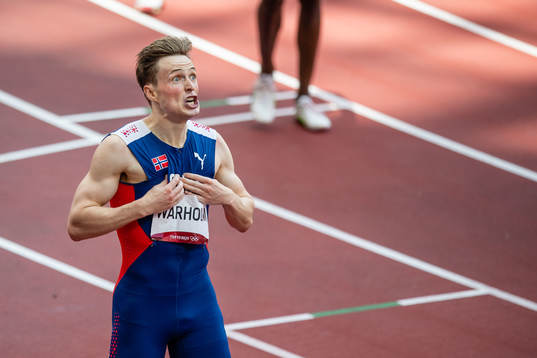 Karsten Warholm of Norway celebrates
