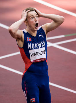 Karsten Warholm of Norway reacts