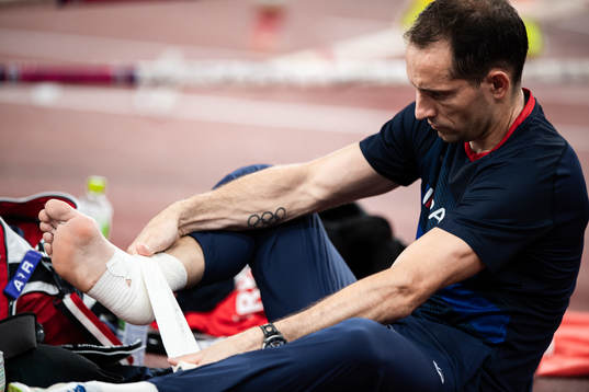 Renaud Lavillenie of France with an injured foot in men's
