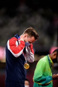 Karsten Warholm of Norway at the medal ceremony