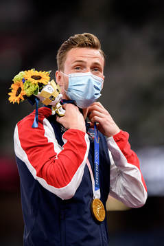 Karsten Warholm of Norway at the medal ceremony
