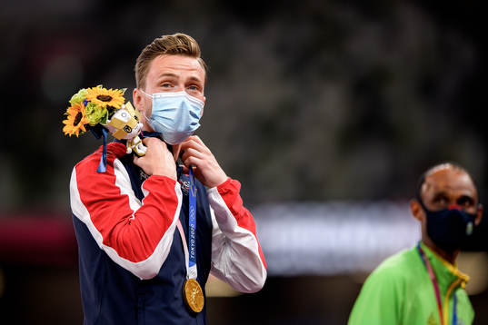 Karsten Warholm of Norway at the medal ceremony