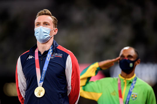 Karsten Warholm of Norway at the medal ceremony