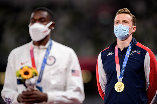 Karsten Warholm of Norway at the medal ceremony