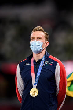 Karsten Warholm of Norway at the medal ceremony