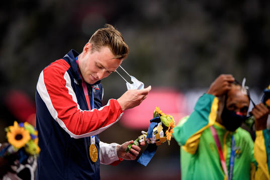 Karsten Warholm of Norway at the medal ceremony