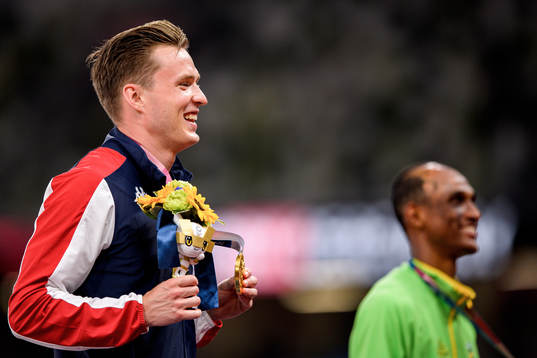 Karsten Warholm of Norway at the medal ceremony