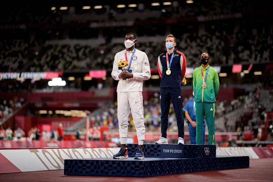 Rai Benjamin of USA, Karsten Warholm of Norway and Alison
