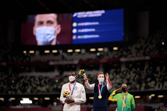 Rai Benjamin of USA, Karsten Warholm of Norway and Alison