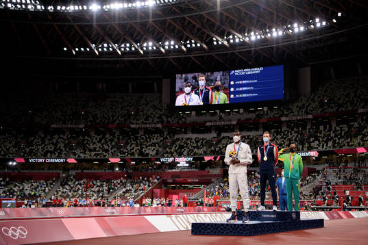 Rai Benjamin of USA, Karsten Warholm of Norway and Alison