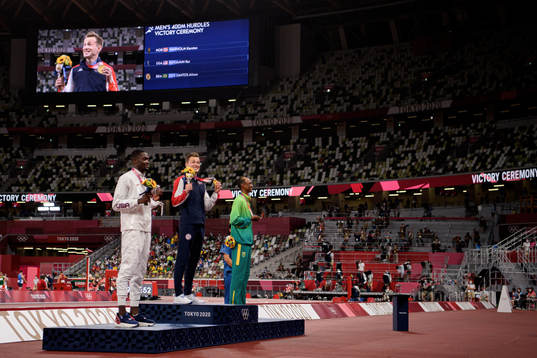 Rai Benjamin of USA, Karsten Warholm of Norway and Alison