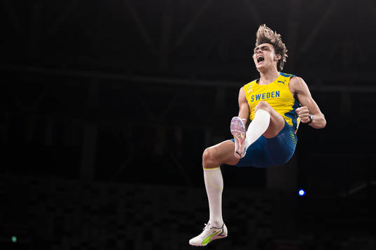 Armand Duplantis of Sweden celebrates when competing in