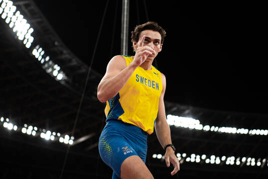 Armand Duplantis of Sweden celebrates when competing in