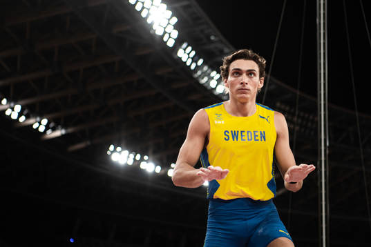 Armand Duplantis of Sweden celebrates when competing in